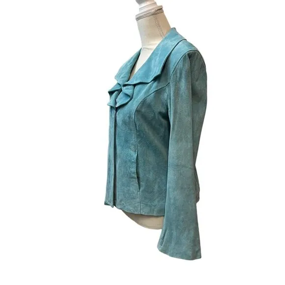 Terry Lewis Classic Luxuries Teal Suede Leather Blazer Jacket Size Small