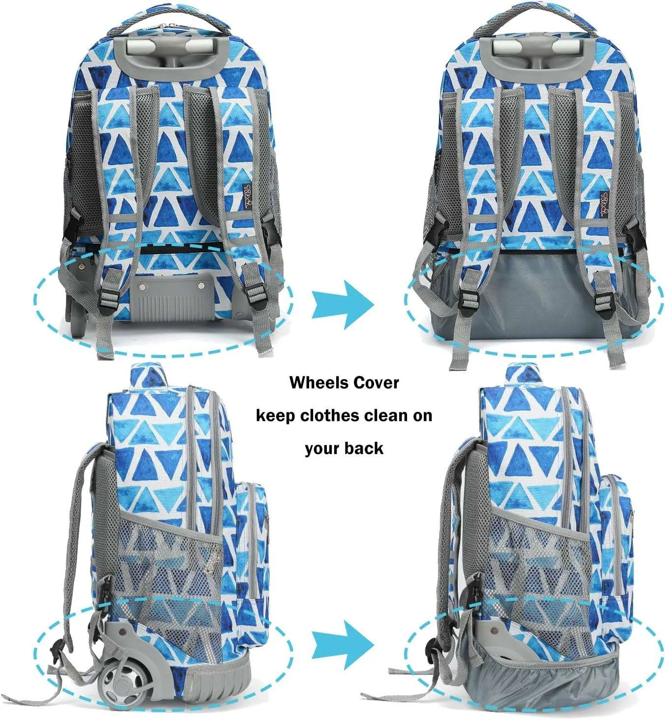 Tilami 19 inch Triangles Pattern Blue Color Rolling Backpack with Pencil Case