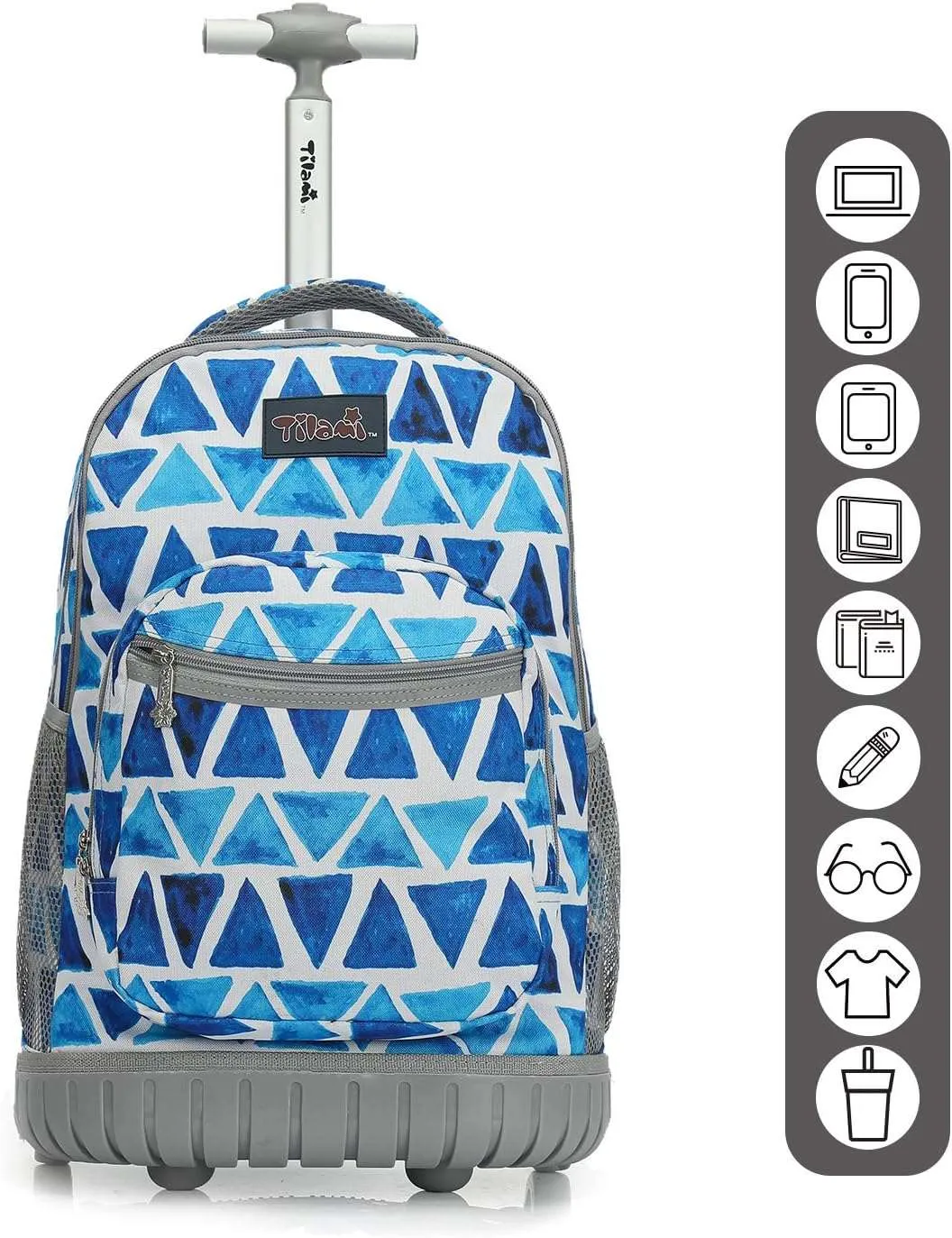 Tilami 19 inch Triangles Pattern Blue Color Rolling Backpack with Pencil Case