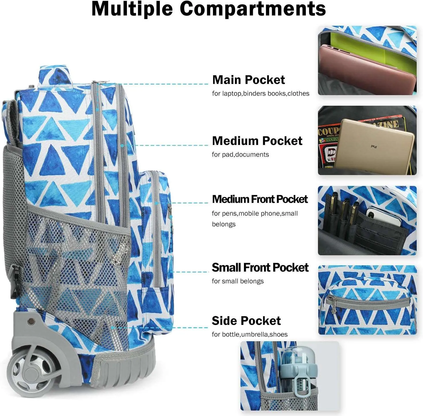 Tilami 19 inch Triangles Pattern Blue Color Rolling Backpack with Pencil Case