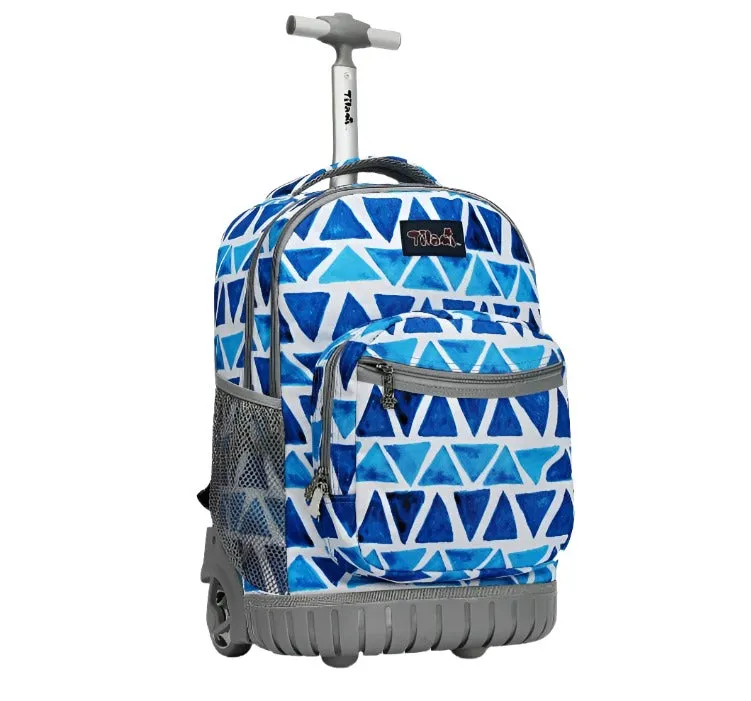 Tilami 19 inch Triangles Pattern Blue Color Rolling Backpack with Pencil Case