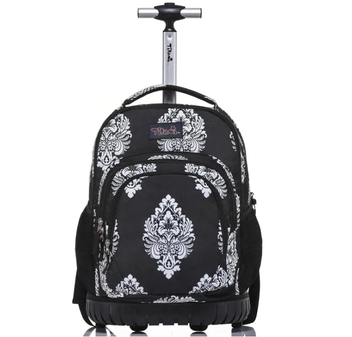 Tilami Black Flowers Kids Rolling Backpack 18 inch Laptop Backpack