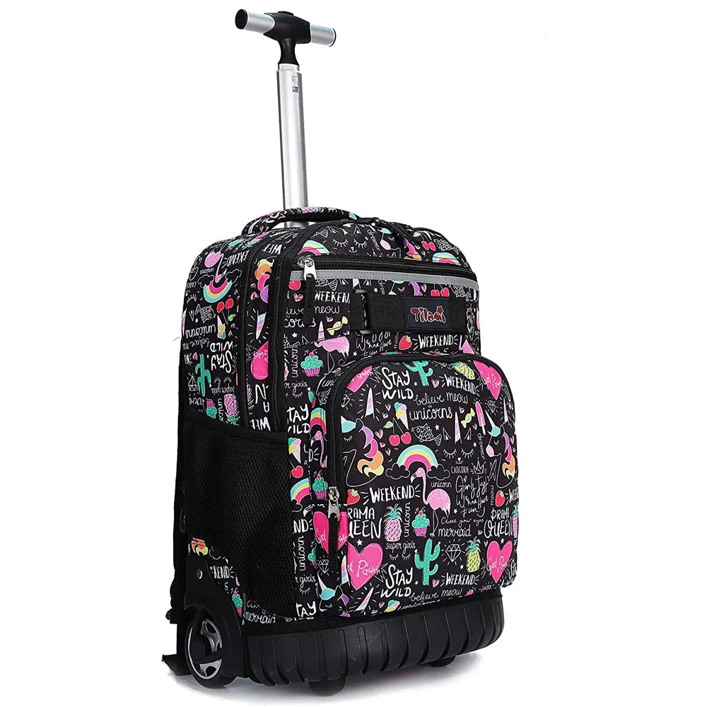 Tilami Black Ins Graffiti Rolling Backpack 19 inch Kids Wheeled Backpack