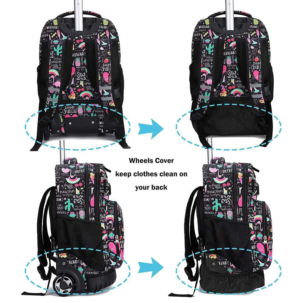 Tilami Black Ins Graffiti Rolling Backpack 19 inch Kids Wheeled Backpack