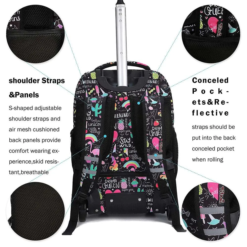 Tilami Black Ins Graffiti Rolling Backpack 19 inch Kids Wheeled Backpack