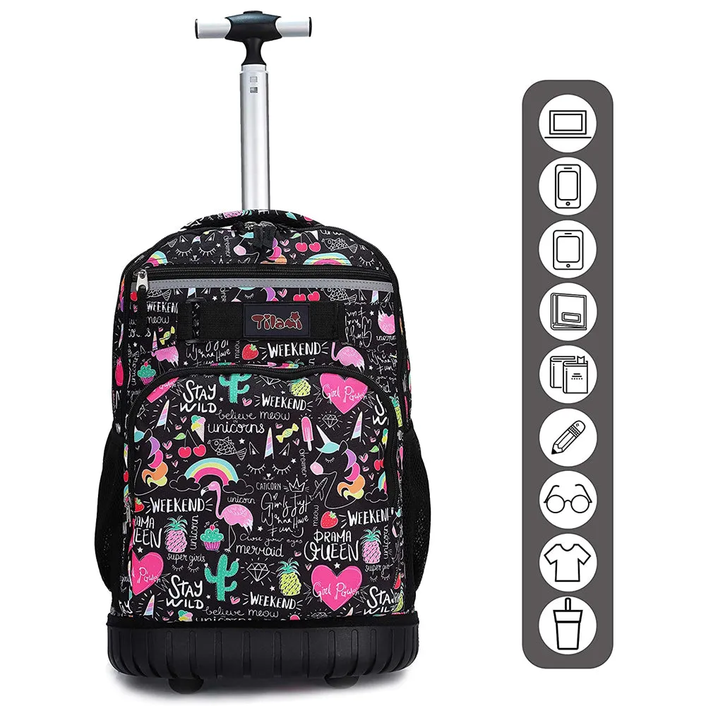 Tilami Black Ins Graffiti Rolling Backpack 19 inch Kids Wheeled Backpack