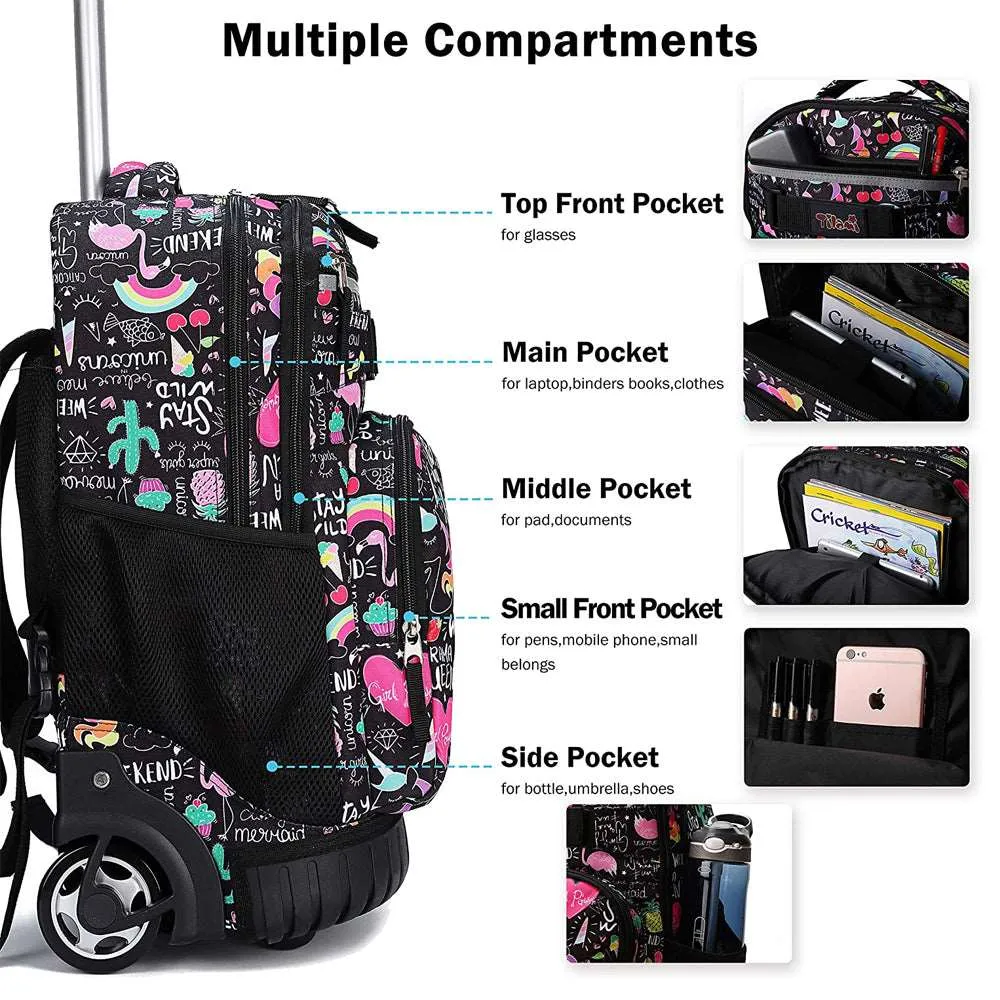 Tilami Black Ins Graffiti Rolling Backpack 19 inch Kids Wheeled Backpack