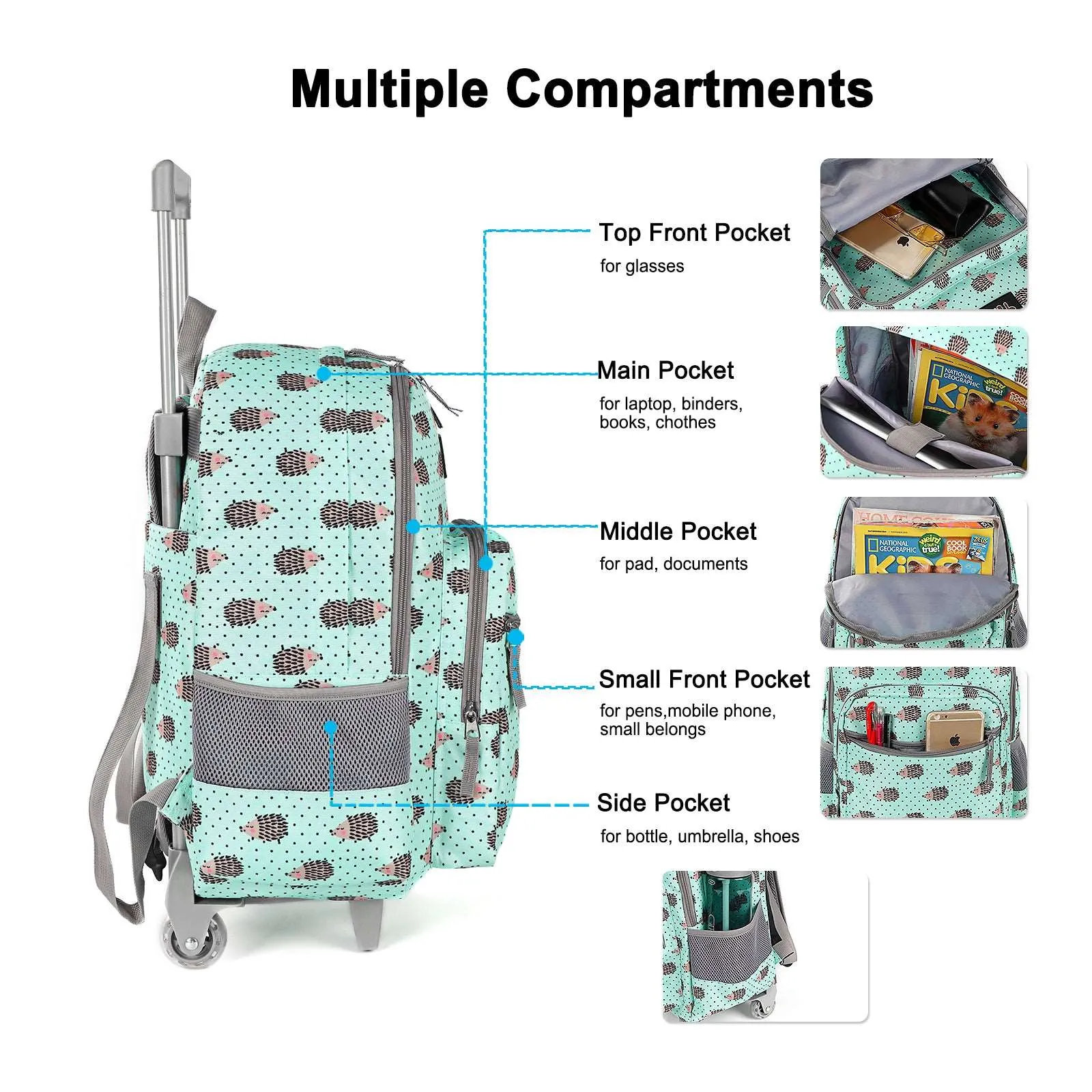 Tilami Green Hedgehog 18 inch Double Handle Rolling Backpack