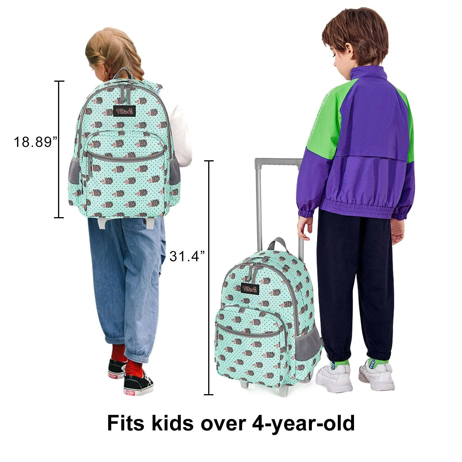 Tilami Green Hedgehog 18 inch Double Handle Rolling Backpack