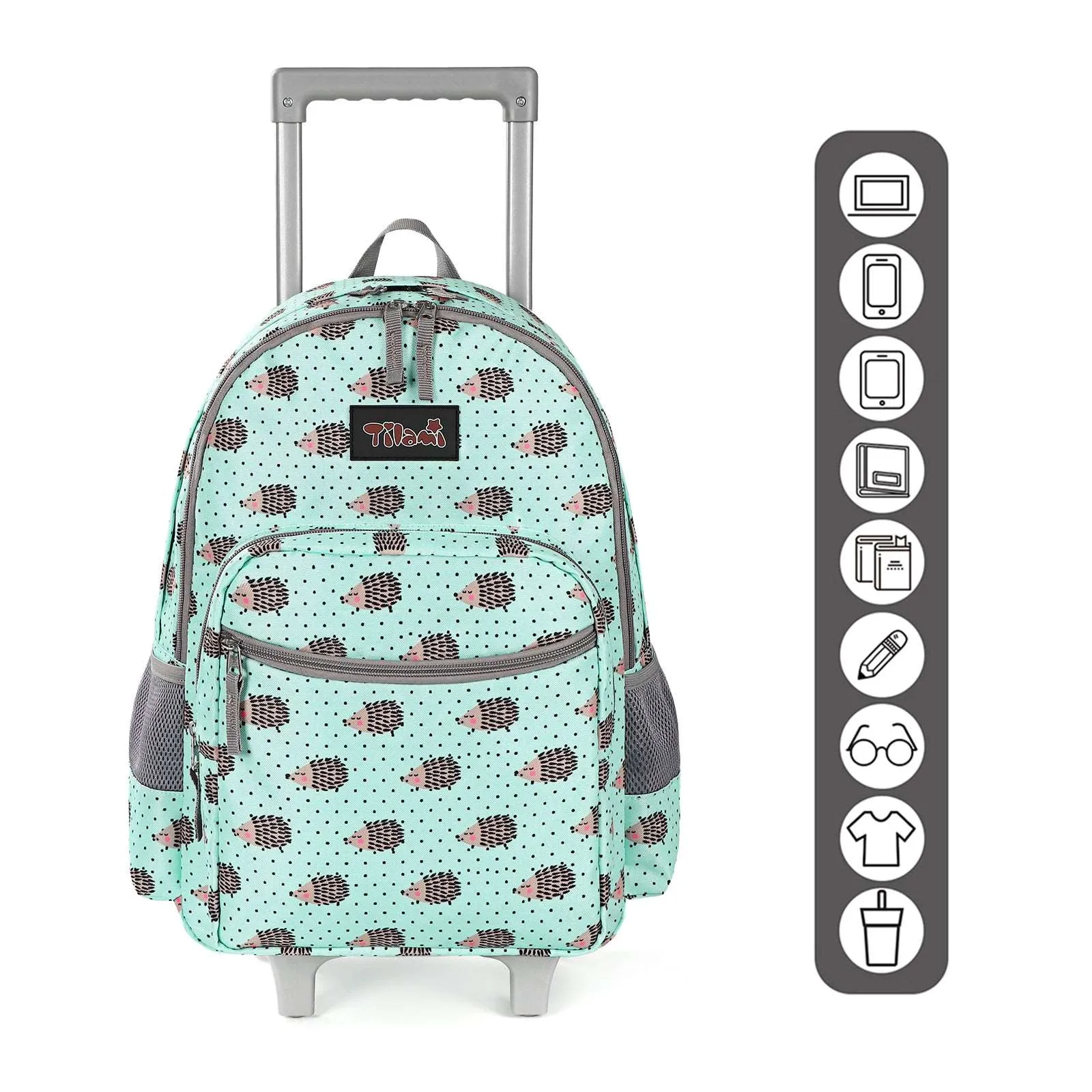 Tilami Green Hedgehog 18 inch Double Handle Rolling Backpack