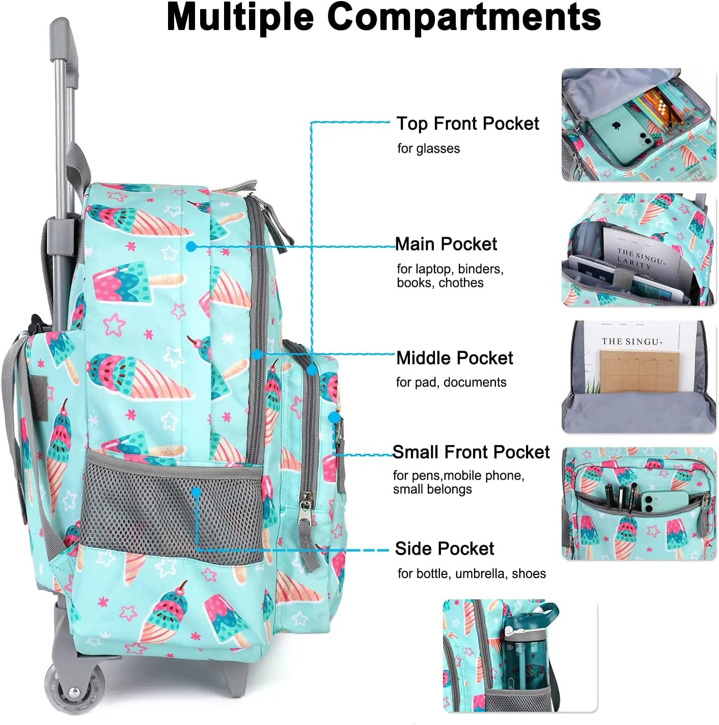 Tilami Icecream Green Double Handle Rolling Backpack 18 inch with Lunch Bag