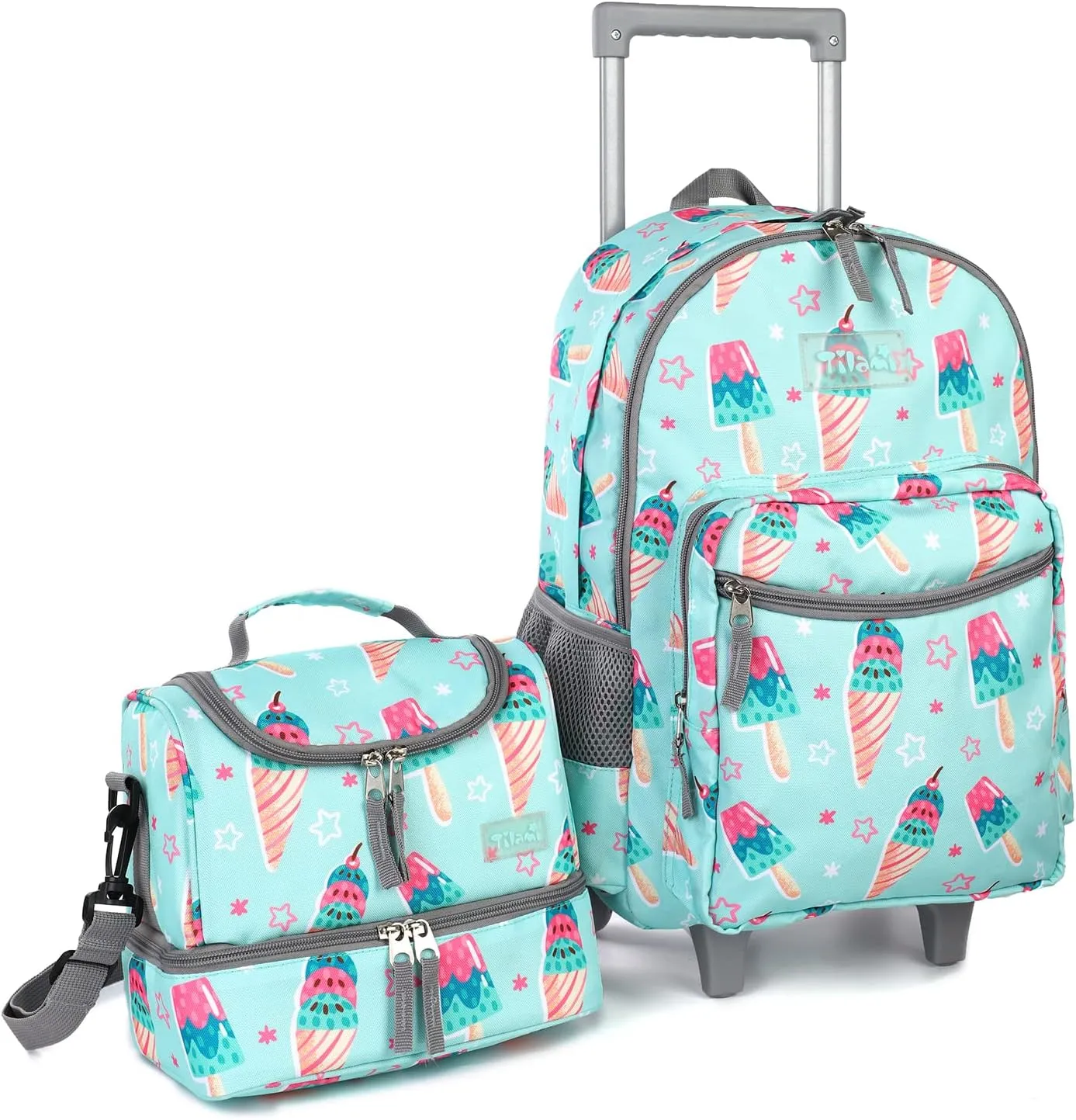 Tilami Icecream Green Double Handle Rolling Backpack 18 inch with Lunch Bag