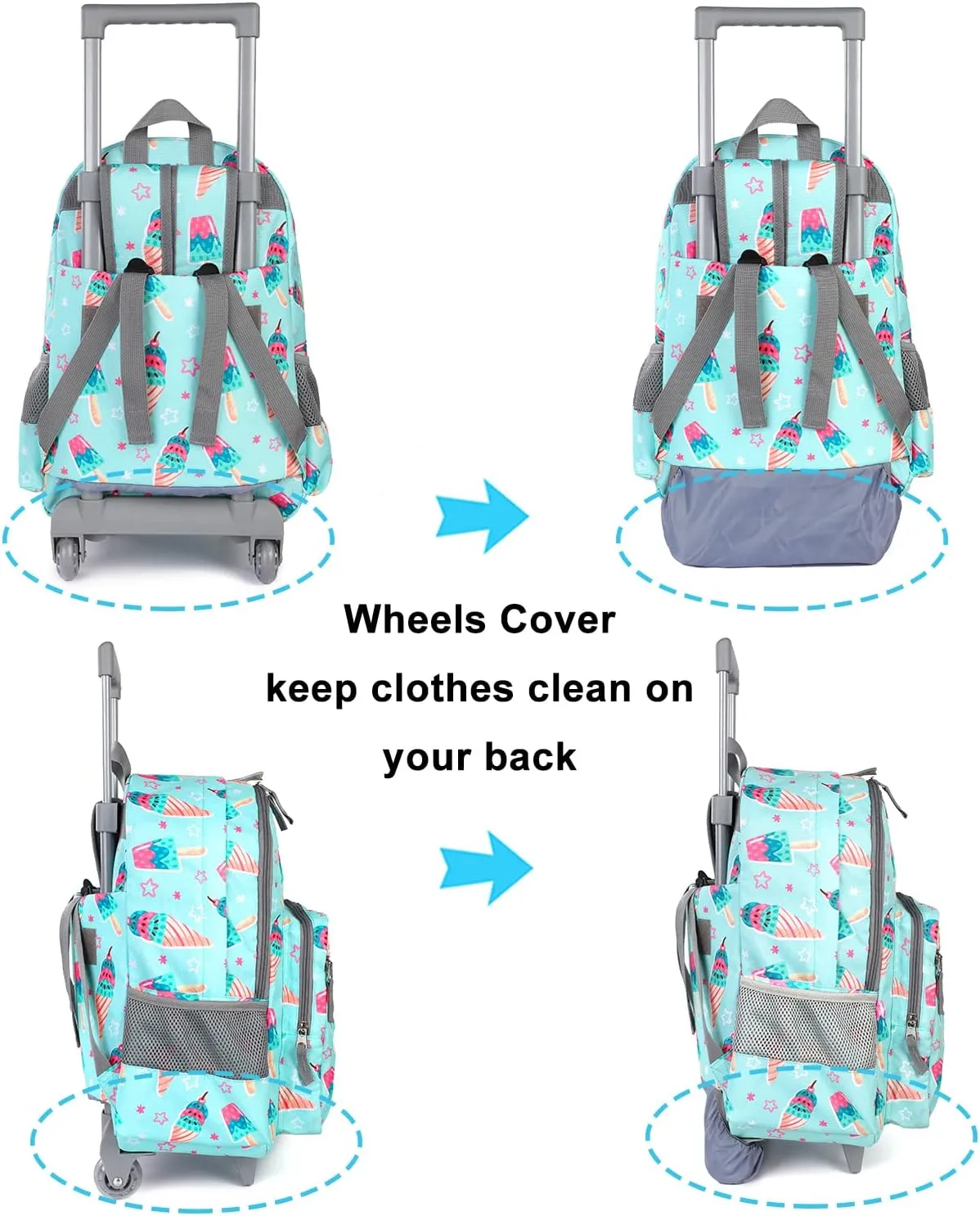 Tilami Icecream Green Double Handle Rolling Backpack 18 inch with Lunch Bag