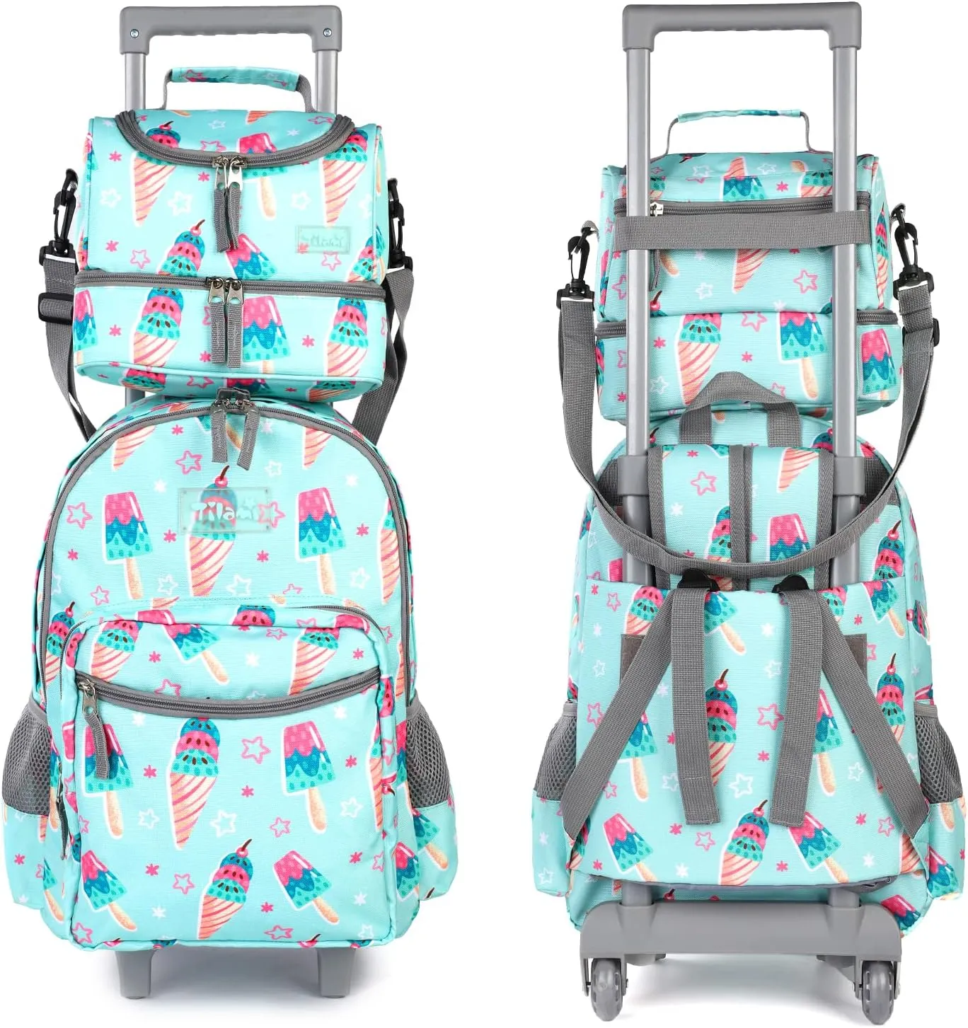 Tilami Icecream Green Double Handle Rolling Backpack 18 inch with Lunch Bag