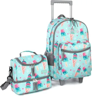 Tilami Icecream Green Double Handle Rolling Backpack 18 inch with Lunch Bag