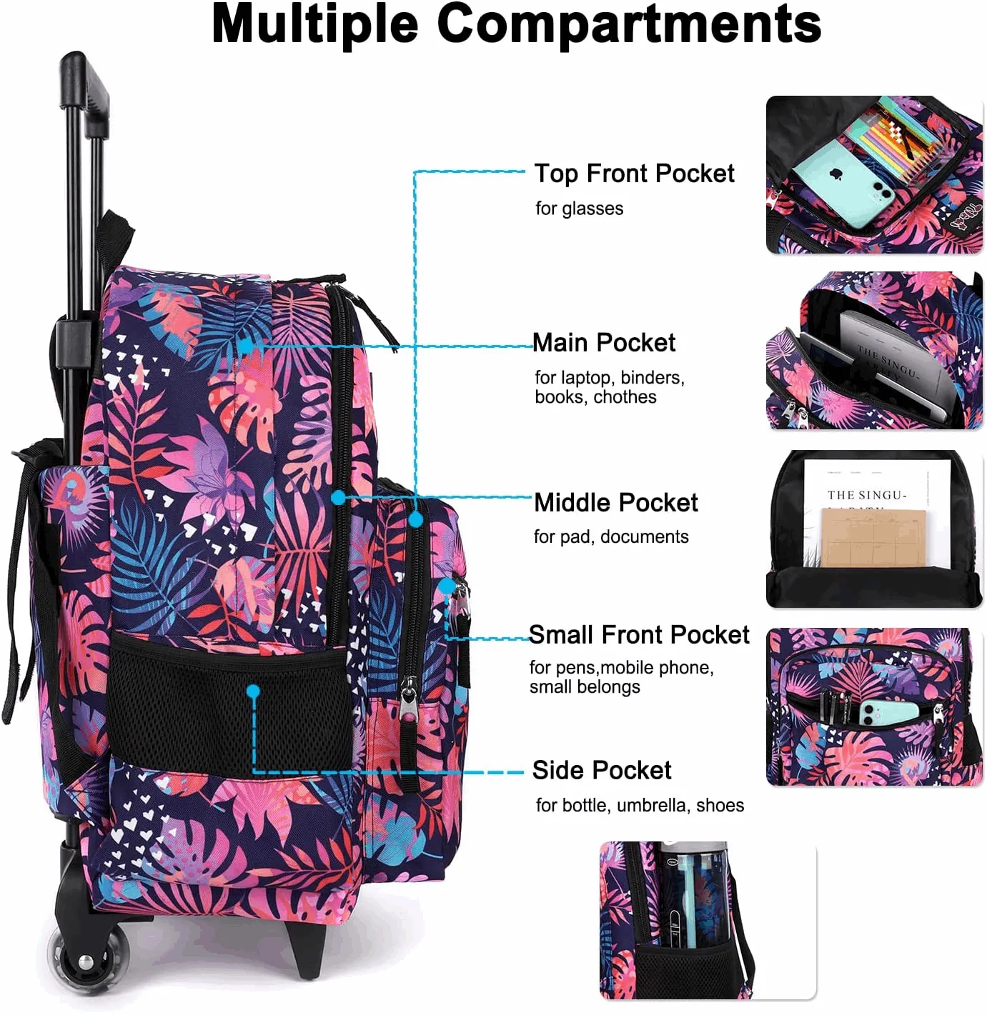 Tilami Leaves Pink 18 inch Double Handle Rolling Backpack
