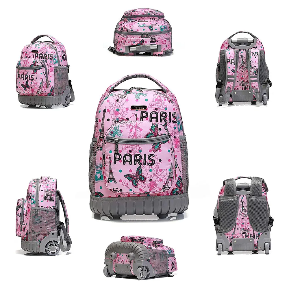 Tilami Pink Paris Rolling Backpack 16 Inch School Backpack