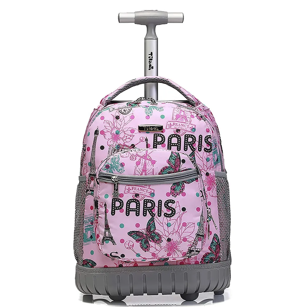 Tilami Pink Paris Rolling Backpack 16 Inch School Backpack