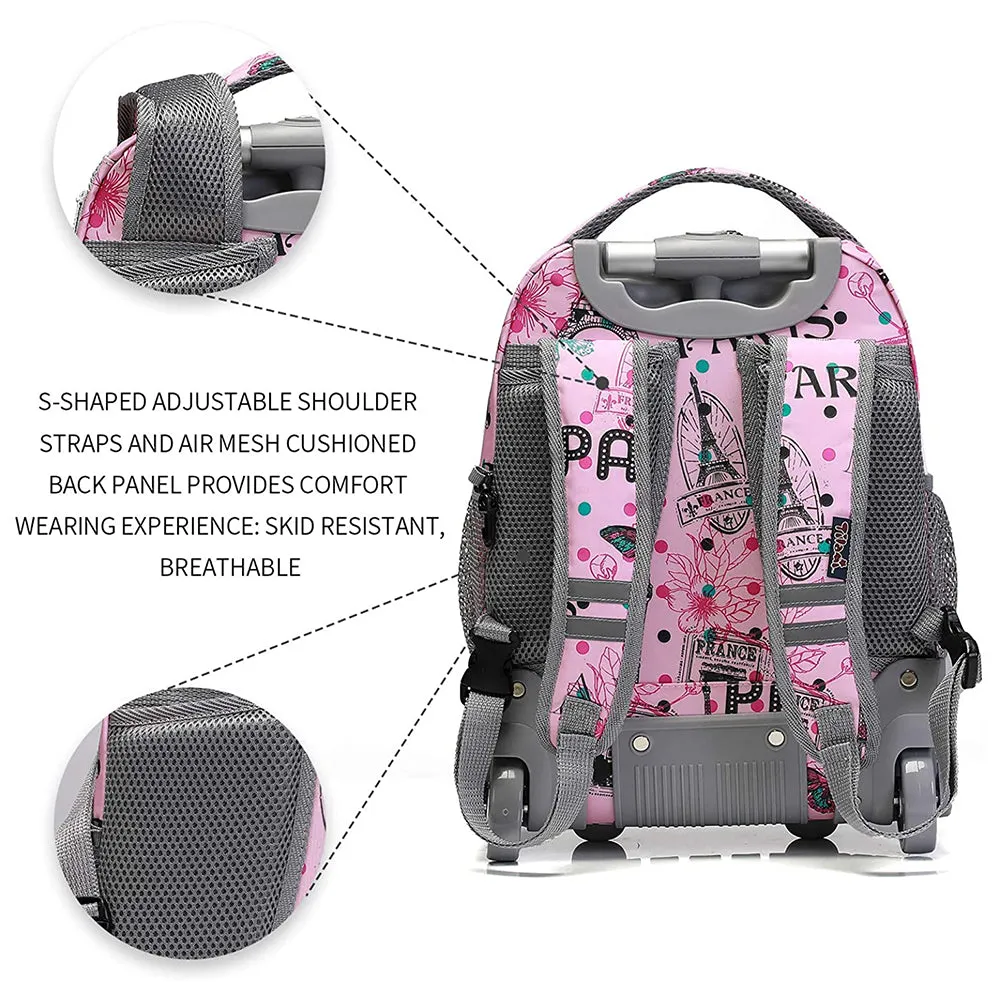 Tilami Pink Paris Rolling Backpack 16 Inch School Backpack