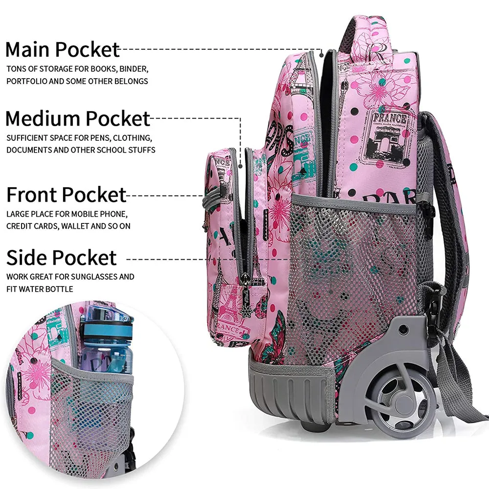 Tilami Pink Paris Rolling Backpack 16 Inch School Backpack