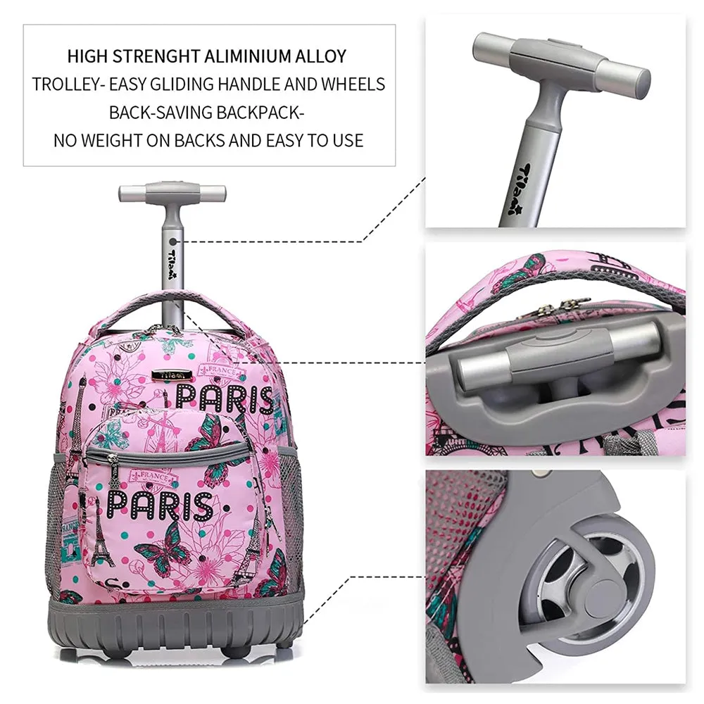 Tilami Pink Paris Rolling Backpack 16 Inch School Backpack