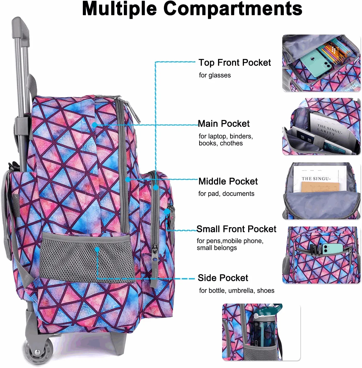Tilami Triangle Pink 18 inch Double Handle Rolling Backpack