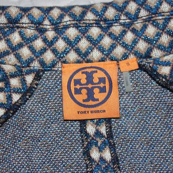 Tory Burch - Blue Metallic And Beige Diamond Print Knit Blazer Sz S academia
