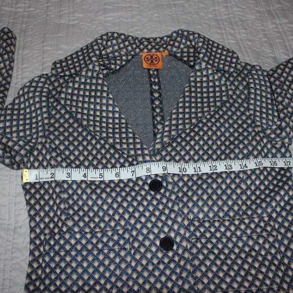 Tory Burch - Blue Metallic And Beige Diamond Print Knit Blazer Sz S academia