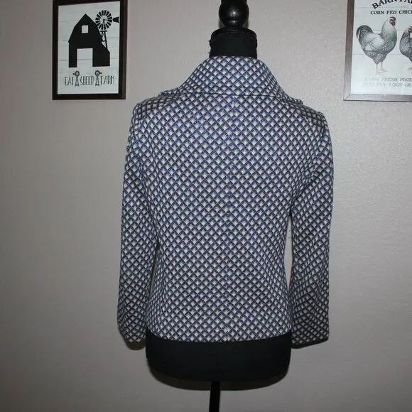 Tory Burch - Blue Metallic And Beige Diamond Print Knit Blazer Sz S academia