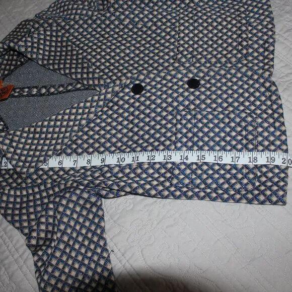 Tory Burch - Blue Metallic And Beige Diamond Print Knit Blazer Sz S academia