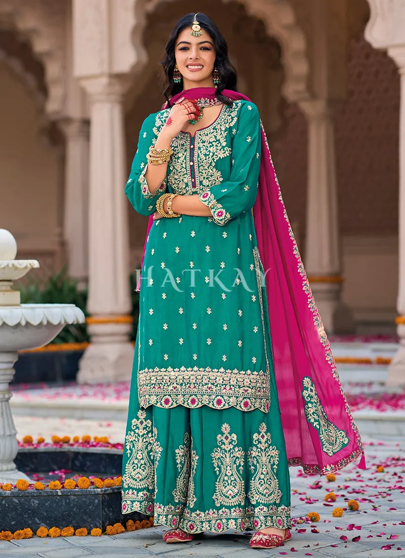 Turquoise And Pink Embroidery Palazzo Suit