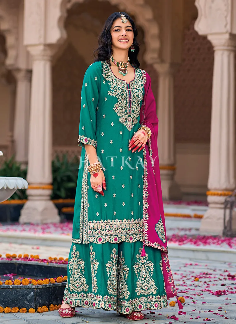 Turquoise And Pink Embroidery Palazzo Suit