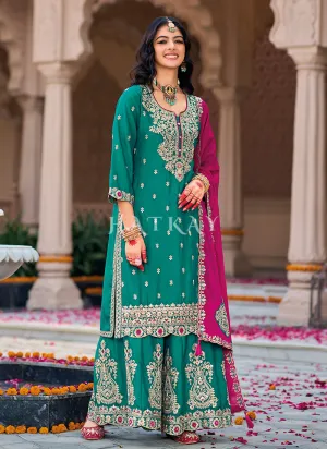 Turquoise And Pink Embroidery Palazzo Suit