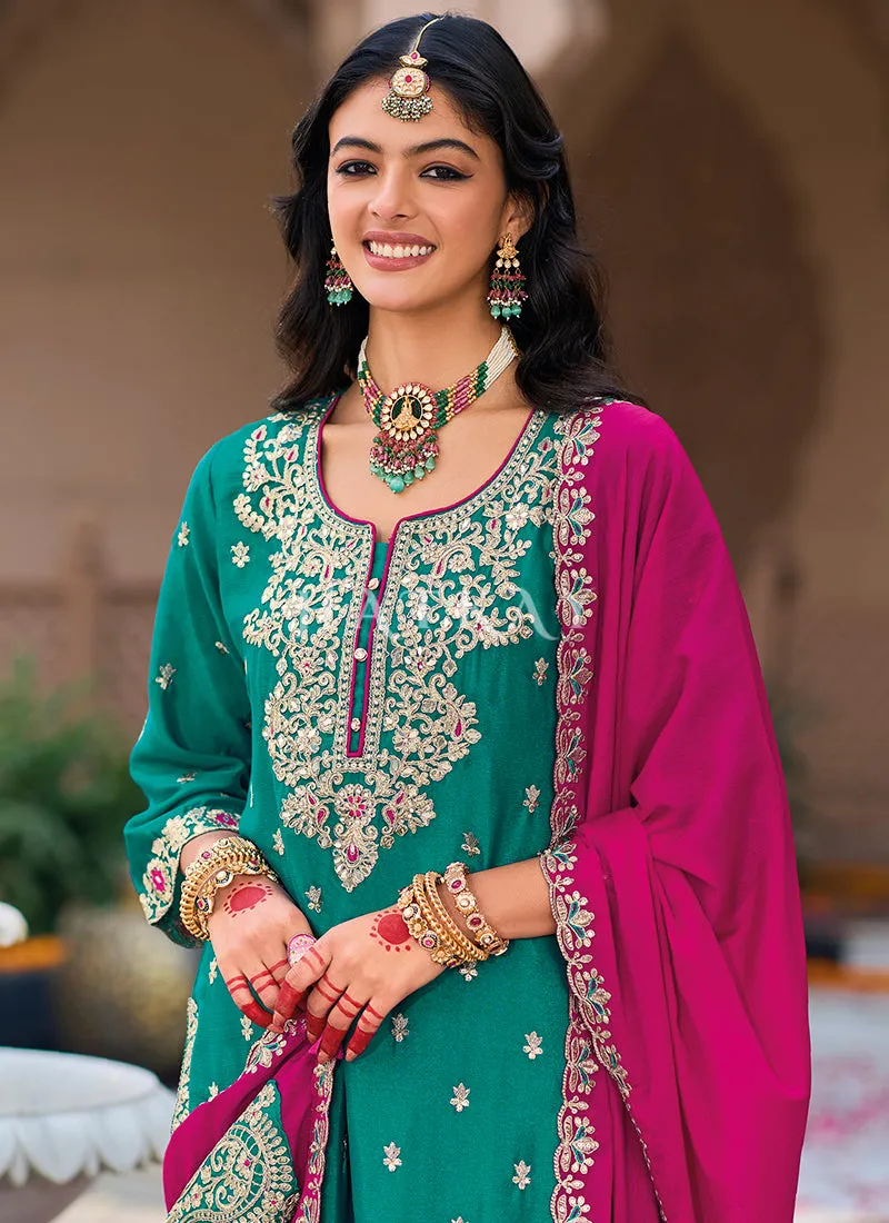 Turquoise And Pink Embroidery Palazzo Suit