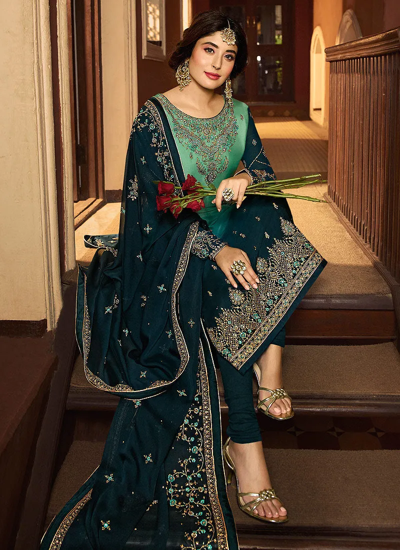 Turquoise Shaded Multi Embroidered Designer Pakistani Pant Suit