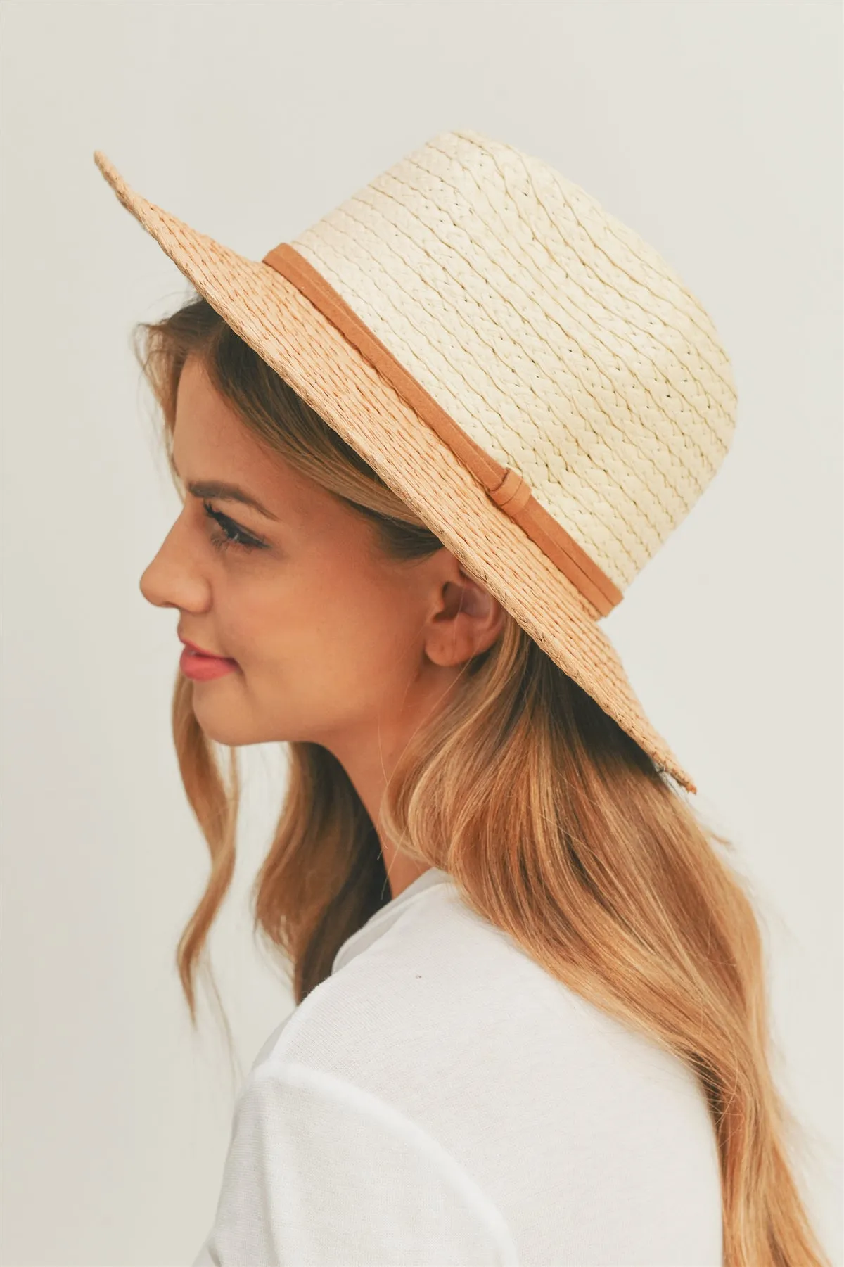 TWO TONE SUN HAT WITH SUEDE DOUBLE BAND