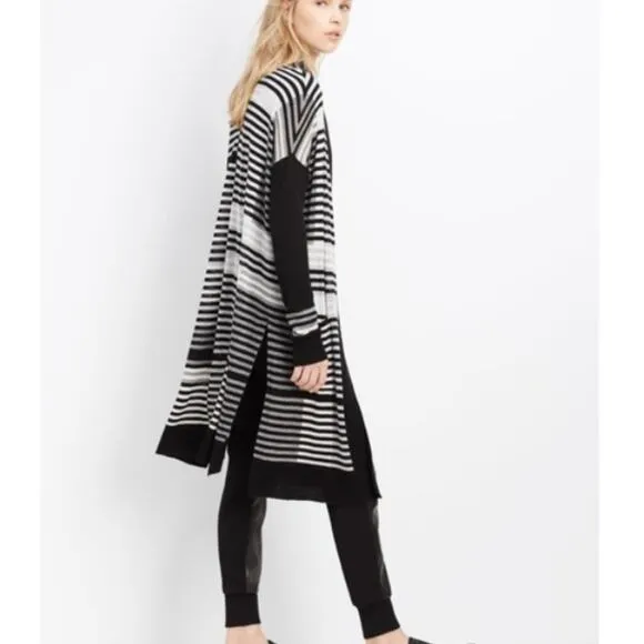 Vince Merino Wool Striped Intarsia Open Front Longline Cardigan (Size Small S)