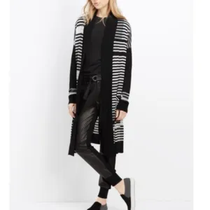 Vince Merino Wool Striped Intarsia Open Front Longline Cardigan (Size Small S)