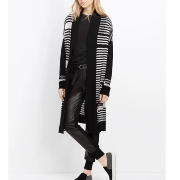Vince Merino Wool Striped Intarsia Open Front Longline Cardigan (Size Small S)