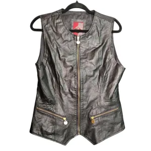 Vintage Womens L Black Leather Vest Full Zip Grunge Goth Chic Biker Motorcycle