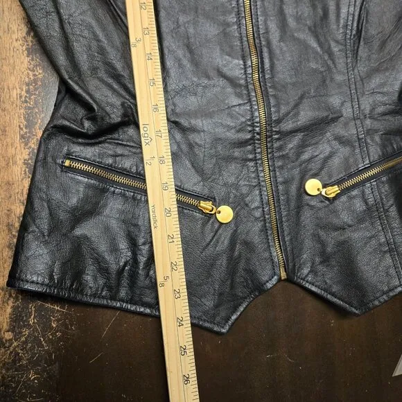Vintage Womens L Black Leather Vest Full Zip Grunge Goth Chic Biker Motorcycle