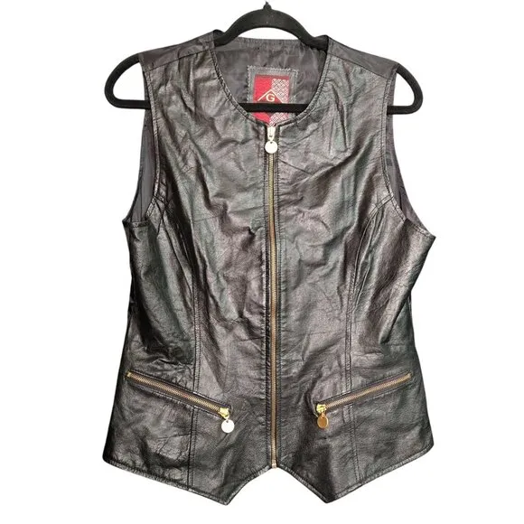 Vintage Womens L Black Leather Vest Full Zip Grunge Goth Chic Biker Motorcycle