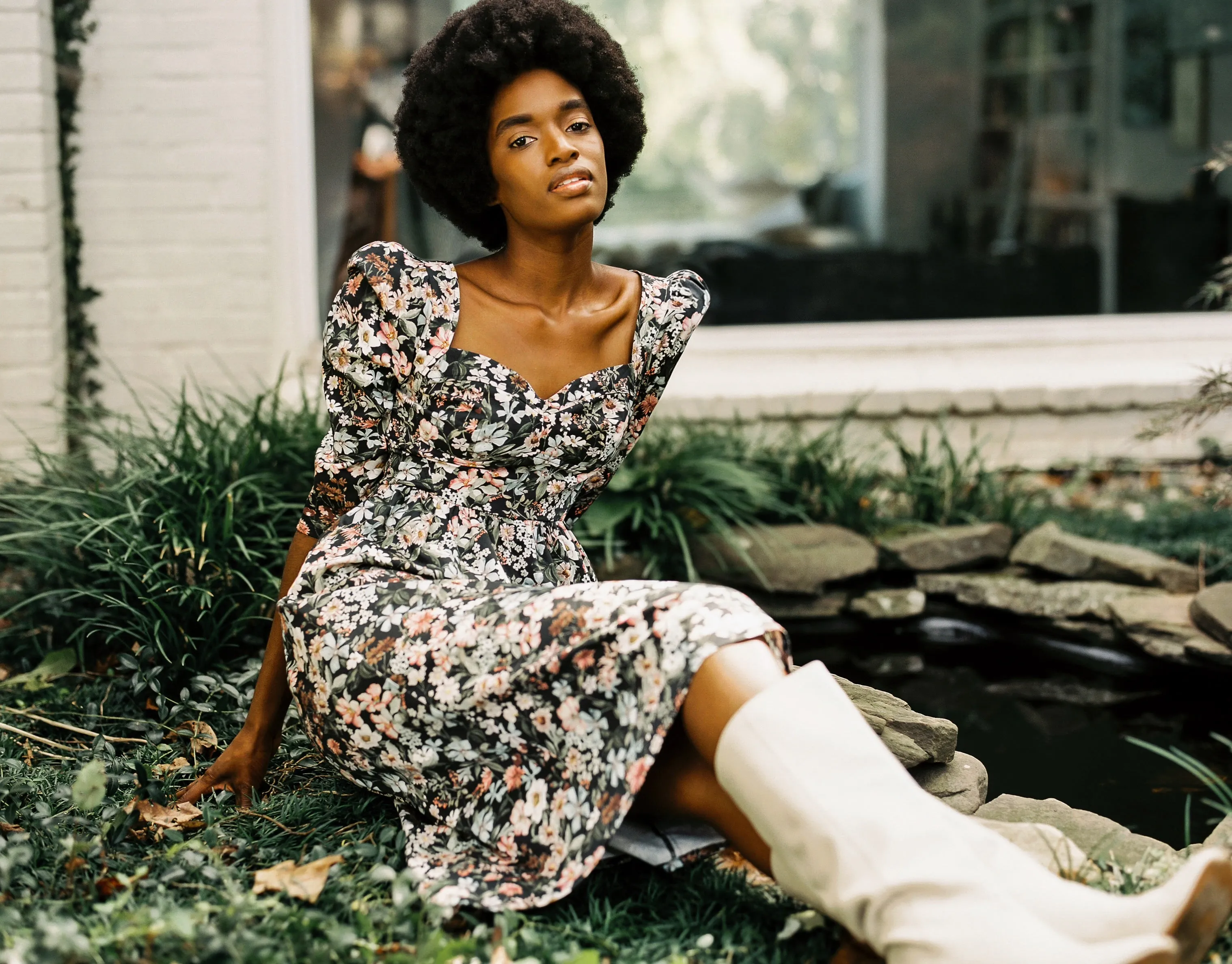 Violet Dress with a Sweetheart Neckline / Black Floral Cotton