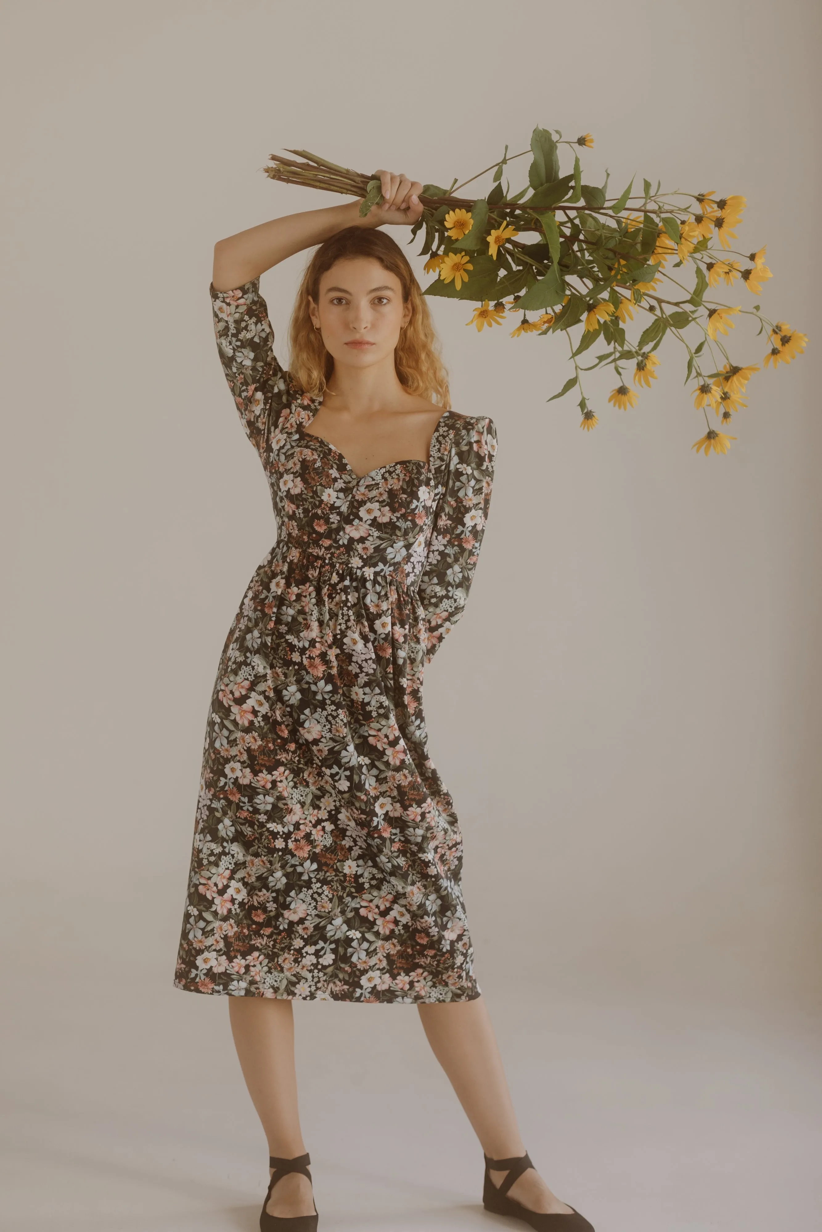 Violet Dress with a Sweetheart Neckline / Black Floral Cotton