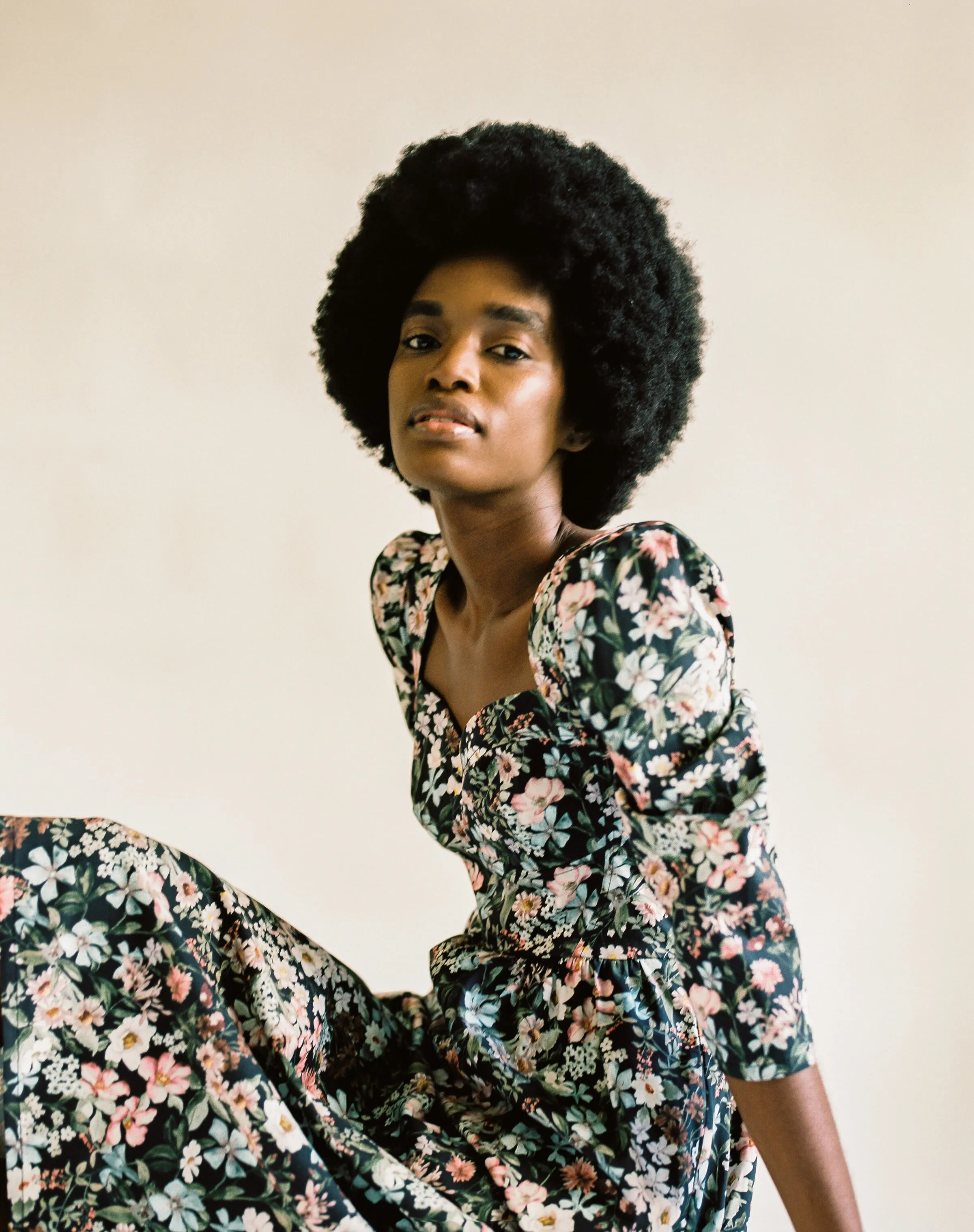 Violet Dress with a Sweetheart Neckline / Black Floral Cotton