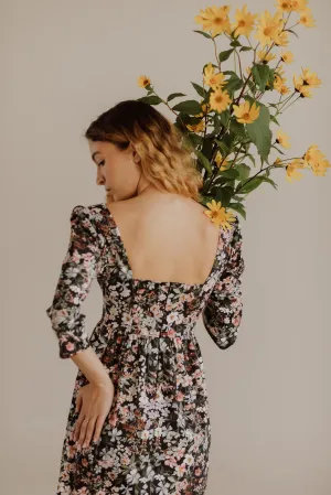 Violet Dress with a Sweetheart Neckline / Black Floral Cotton