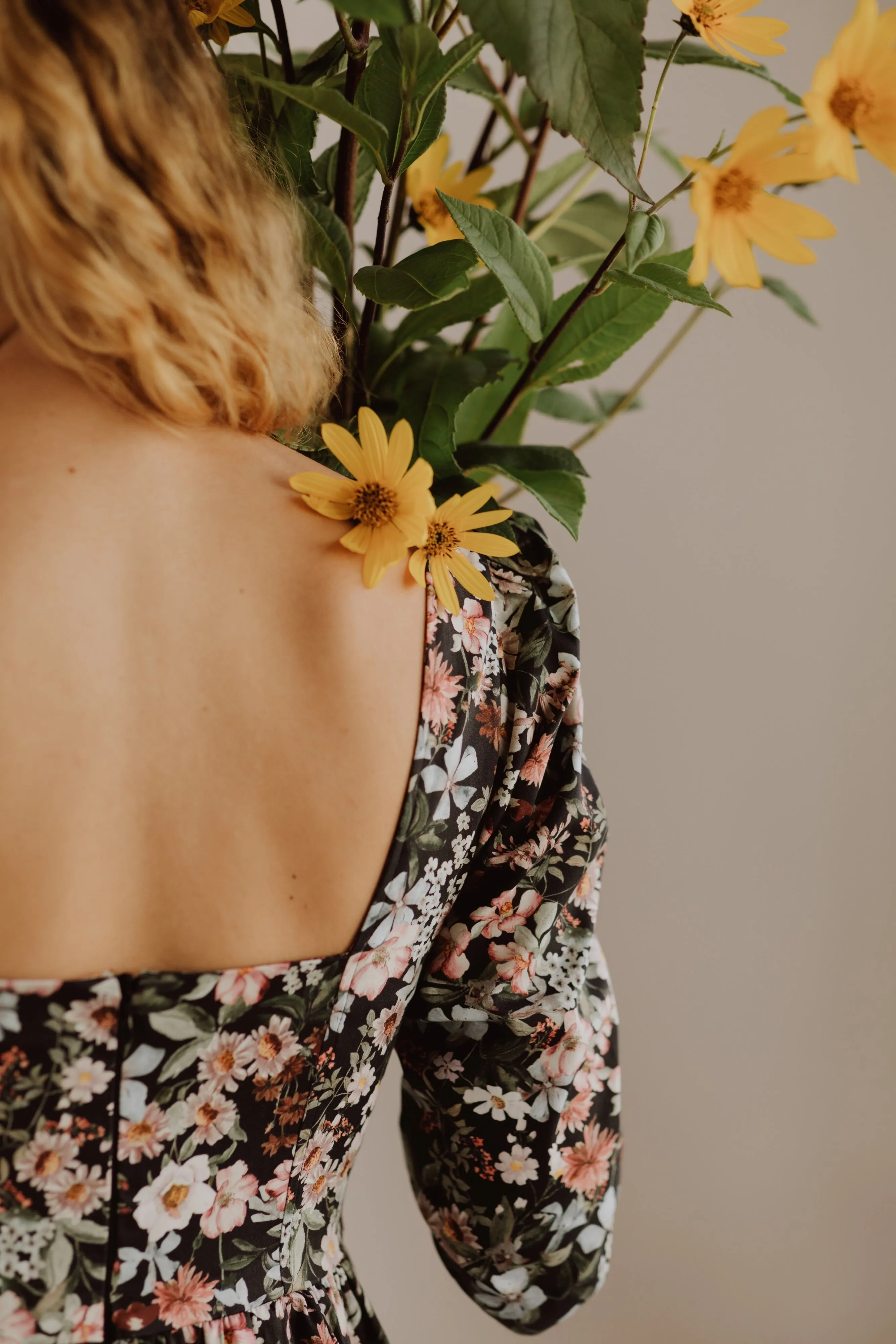 Violet Dress with a Sweetheart Neckline / Black Floral Cotton
