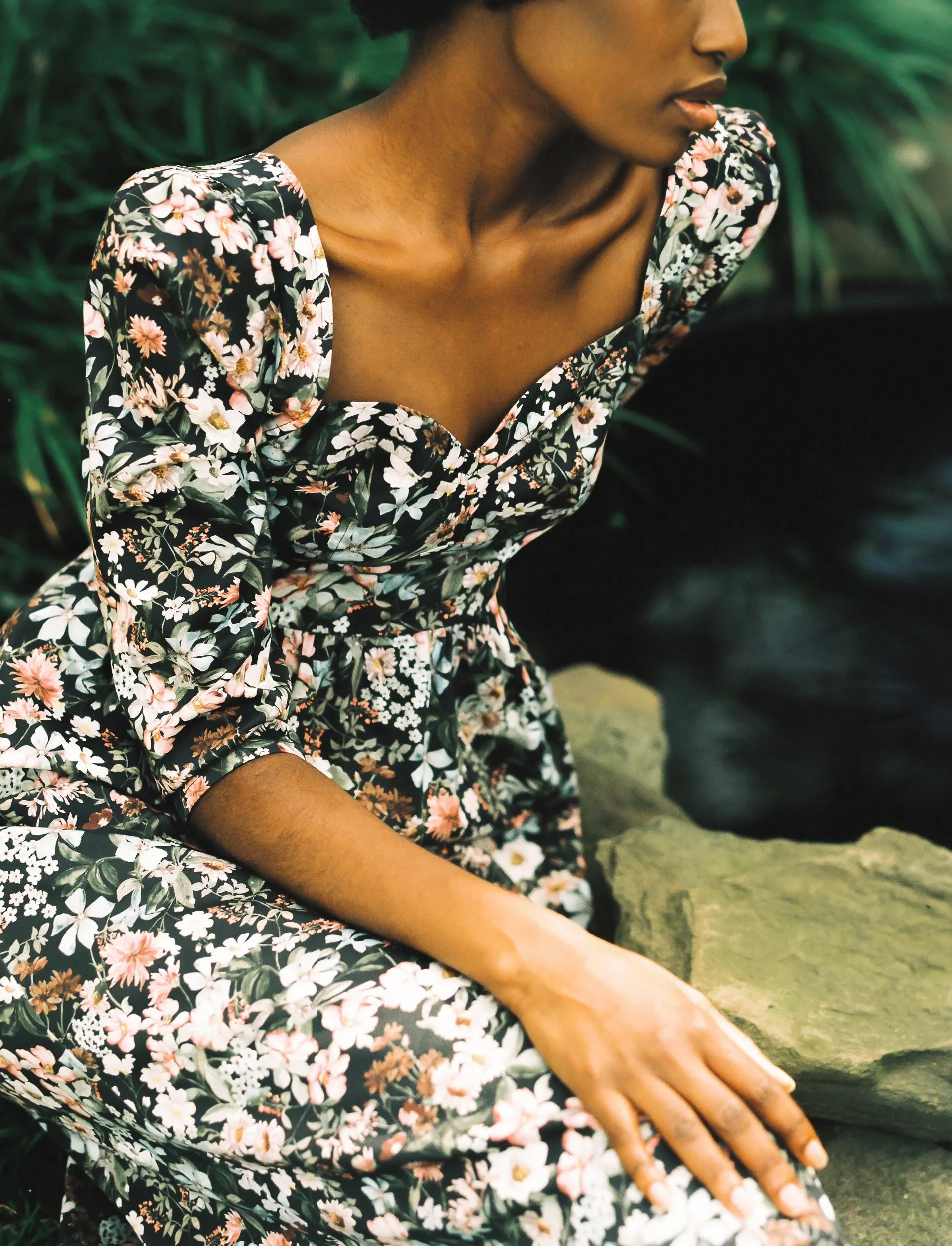 Violet Dress with a Sweetheart Neckline / Black Floral Cotton