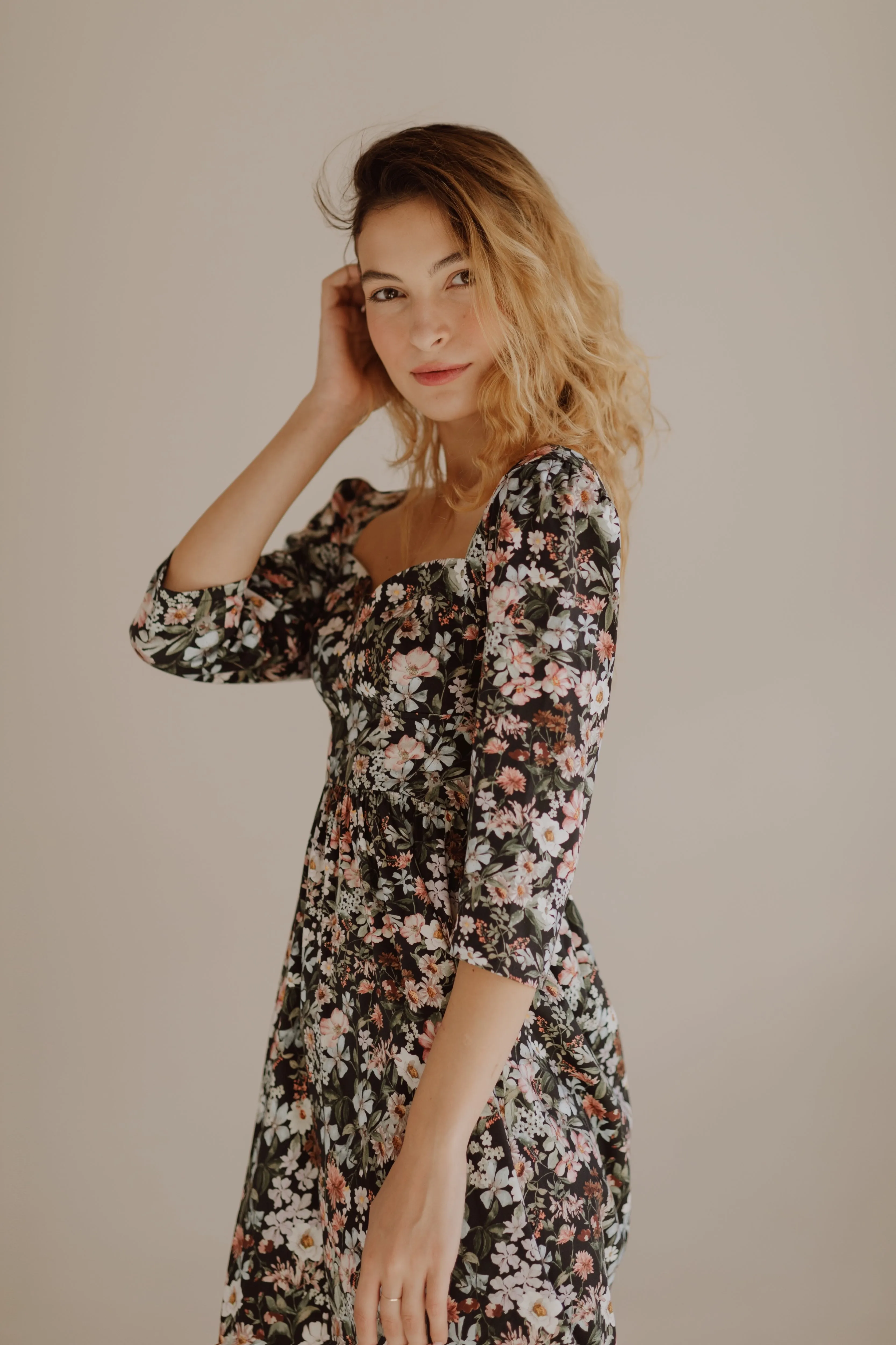 Violet Dress with a Sweetheart Neckline / Black Floral Cotton