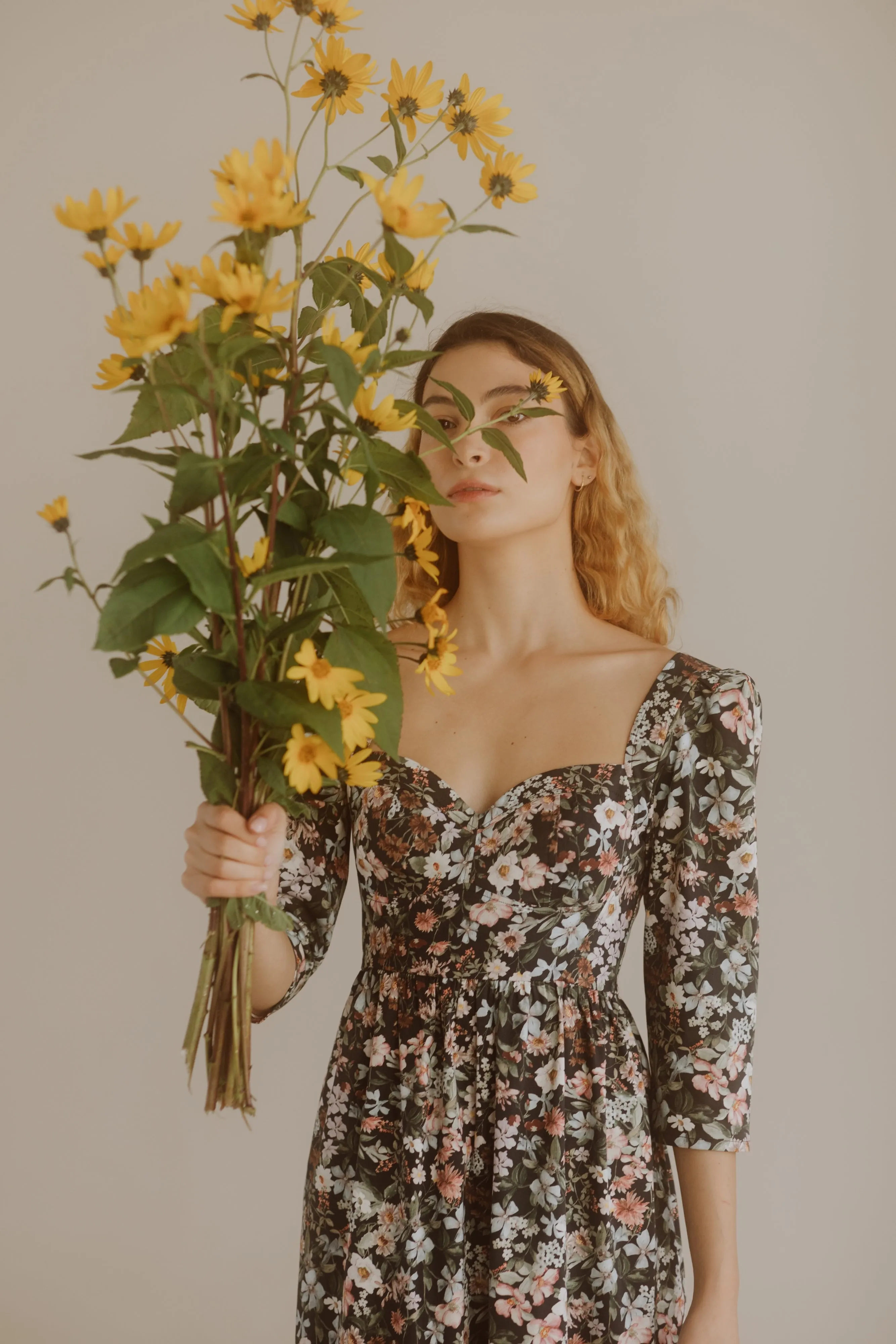 Violet Dress with a Sweetheart Neckline / Black Floral Cotton